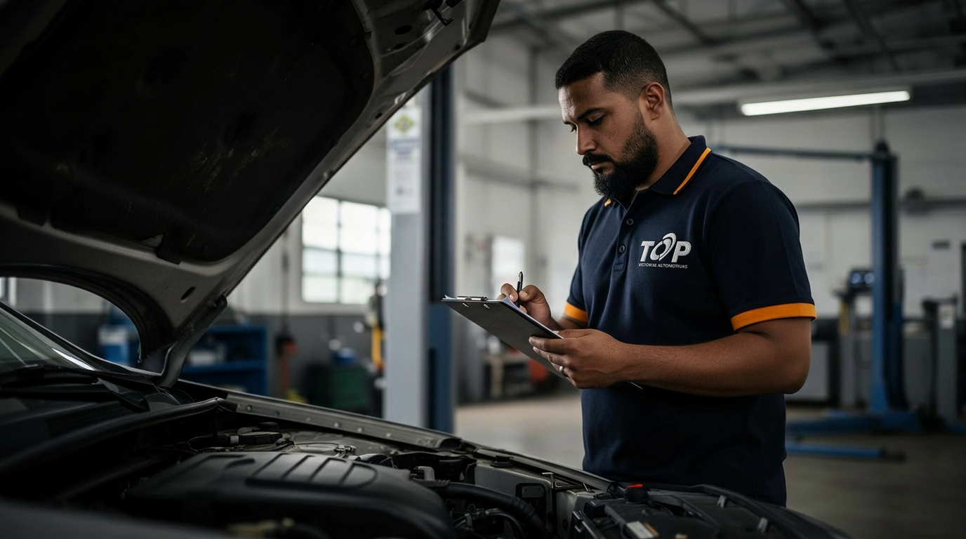 Vistoriador Top Vistorias inspecionando motor de veículo
